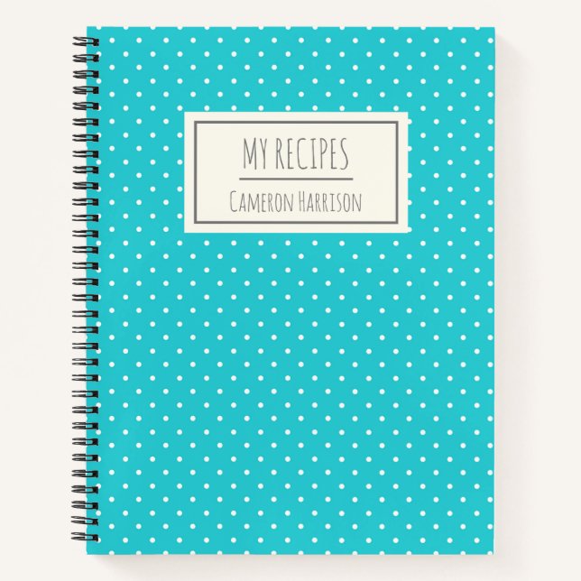 Cute Blue Polka Dots Personalized Kids Recipe Notebook (Front)