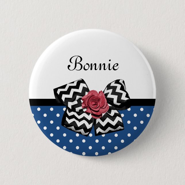 Cute Blue Polka Dots Red Rose Chevron Bow and Name 2 Inch Round Button (Front)