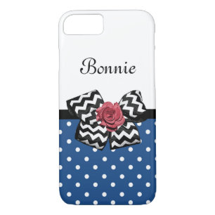 Cute Blue Polka Dots Red Rose Chevron Bow and Name iPhone 8/7 Case