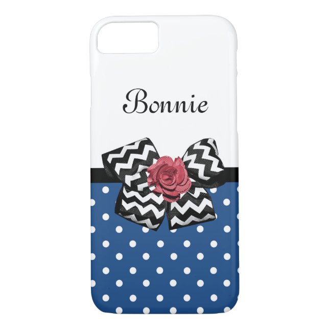 Cute Blue Polka Dots Red Rose Chevron Bow and Name Case-Mate iPhone Case (Back)
