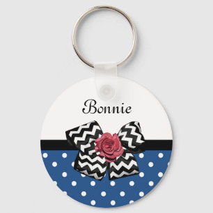 Cute Blue Polka Dots Red Rose Chevron Bow and Name Keychain