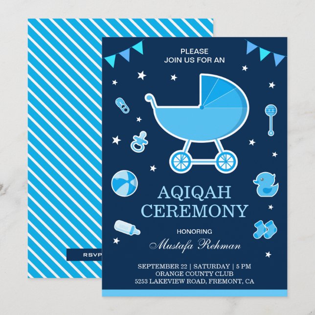 Cute Blue Pram Baby Boy Aqiqah Invitation (Front/Back)
