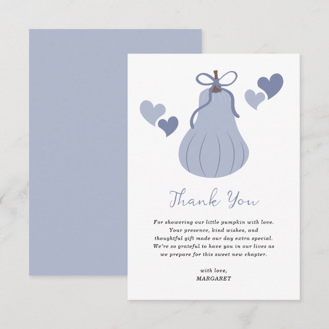 Cute Blue Pumpkin Bow Script Boy Baby Shower Thank You Card (Front/Back)