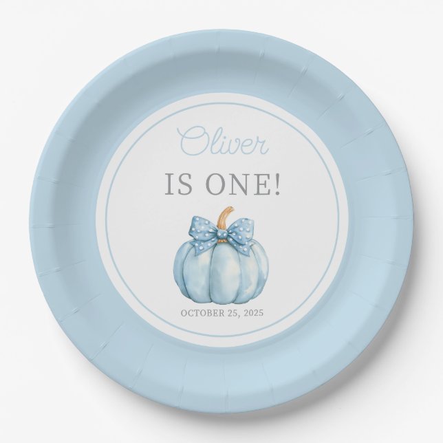 Cute Blue Pumpkin Boy 1st Birthday Paper Plate (Front)