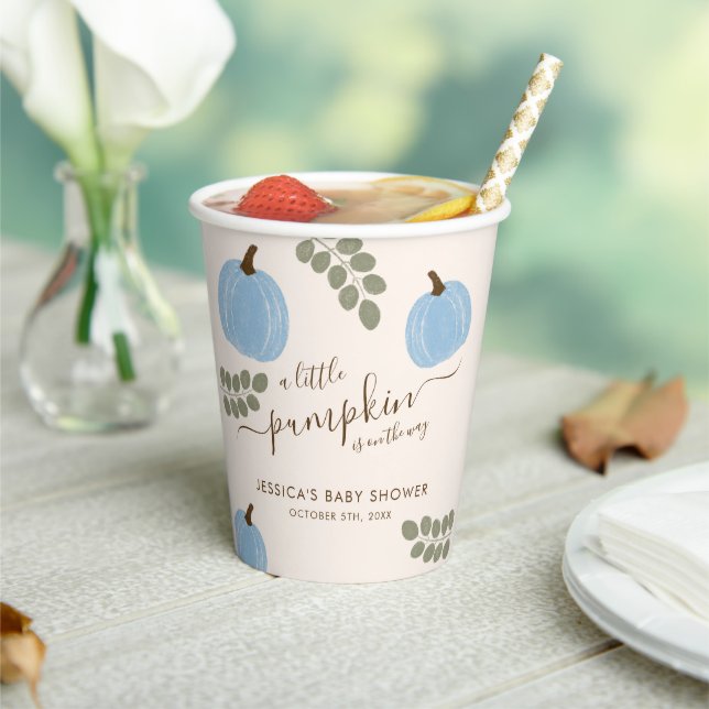 Cute Blue Pumpkin Eucalyptus Fall Boy Baby Shower Paper Cups (Insitu)