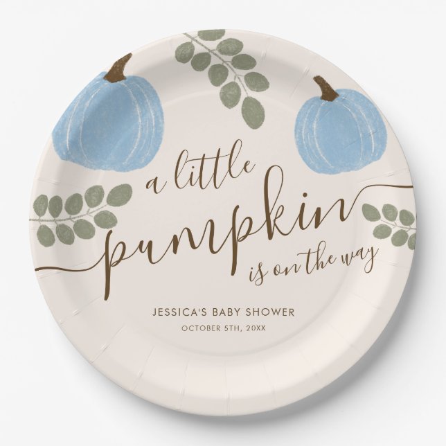 Cute Blue Pumpkin Eucalyptus Fall Boy Baby Shower Paper Plate (Front)