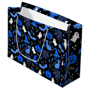 Cute Blue Pumpkin Ghost Halloween Pattern Large Gift Bag
