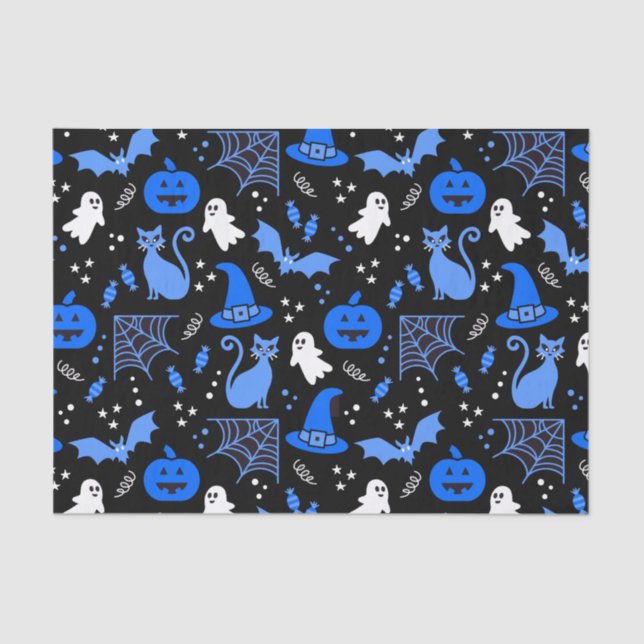 Cute Blue Pumpkin Ghost Halloween Pattern Tissue Paper (Front)