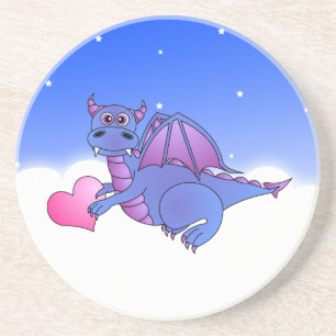 Cute Blue Purple Dragon Flying in Clouds w/ Heart Coaster