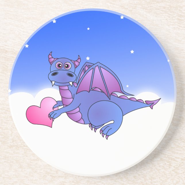 Cute Blue Purple Dragon Flying in Clouds w/ Heart Coaster (Front)