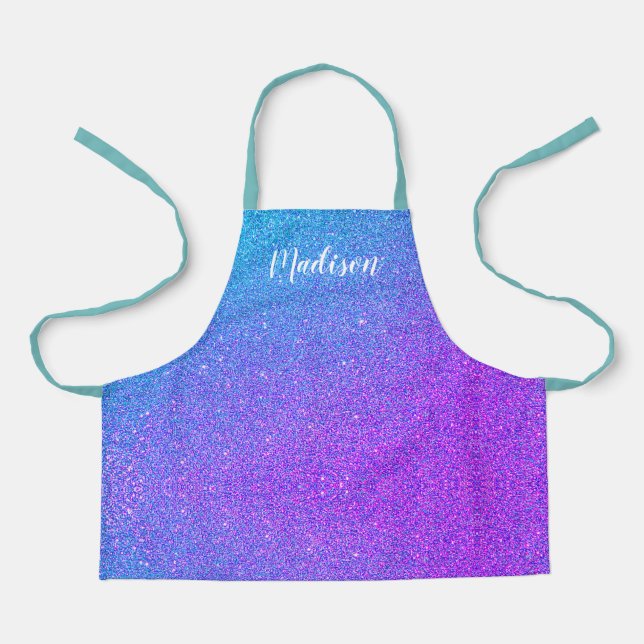 Cute Blue Purple Ombre Glitter Girls Personalized Apron (Front)