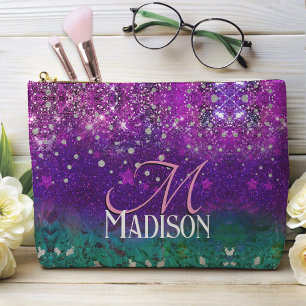 Cute blue purple ombre glitter monogram accessory pouch