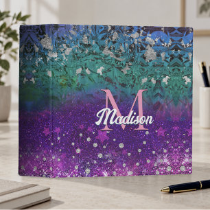 Cute blue purple ombre glitter monogram binder