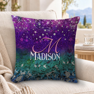 Cute blue purple ombre glitter monogram throw pillow