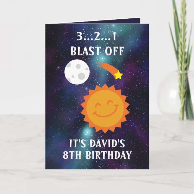 Cute Blue Purple Star Planet Galaxy 8th Birthday Card (Front)