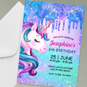 Cute blue purple unicorn ombre dripping birthday invitation