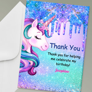Cute blue purple unicorn ombre dripping birthday thank you card