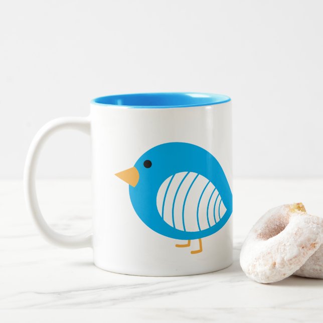 Cute blue quirky birds Two-Tone coffee mug (With Donut)