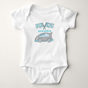 Cute Blue Race Car Flag Name Baby Bodysuit