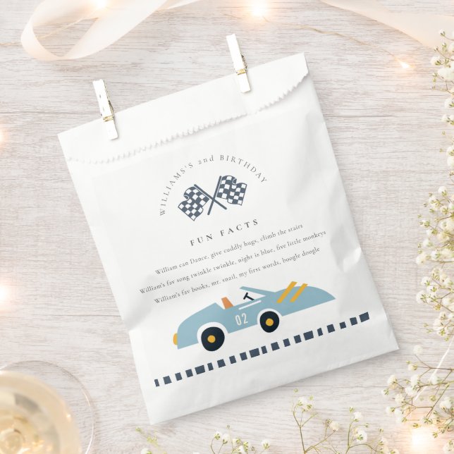 Cute Blue Race Car Kids Any Age Birthday Fun Facts Favour Bag (Clipped)