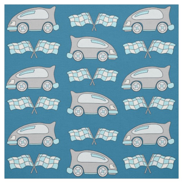 Cute Blue Racing Car Flag Pattern Kids Fabric (Swatch)