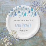 Cute Blue Raindrops Couples Baby Shower Sprinkle Paper Plate<br><div class="desc">Chic blue raindrops fall towards your personalized details on this cute baby shower,  sprinkle,  couples shower or gender reveal paper plate. Designed by Thisisnotme©</div>