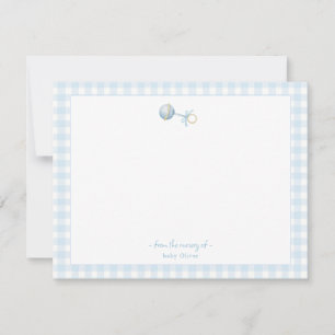 Cute Blue rattle with Gingham Border Baby boy Thank You Card