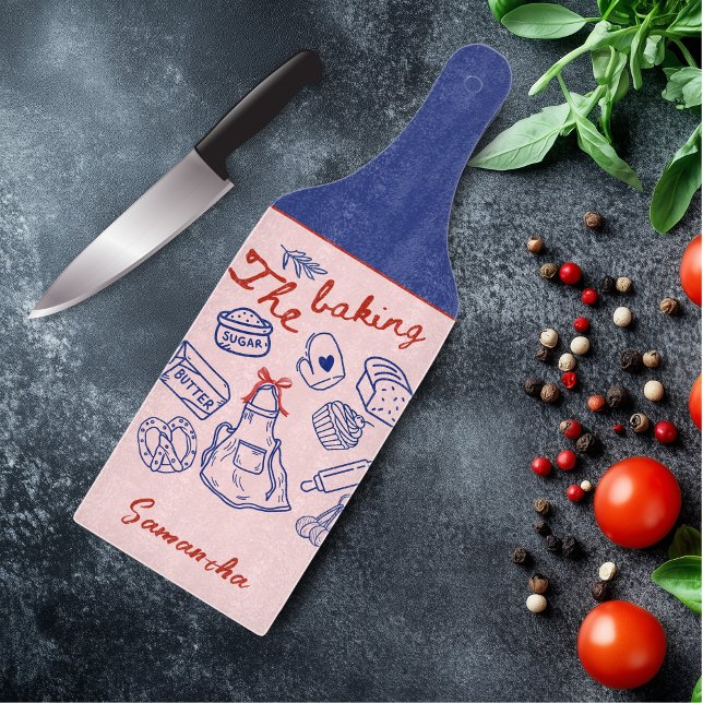 Cute blue red baking doodles custom glass cutting board (Creator Uploaded)