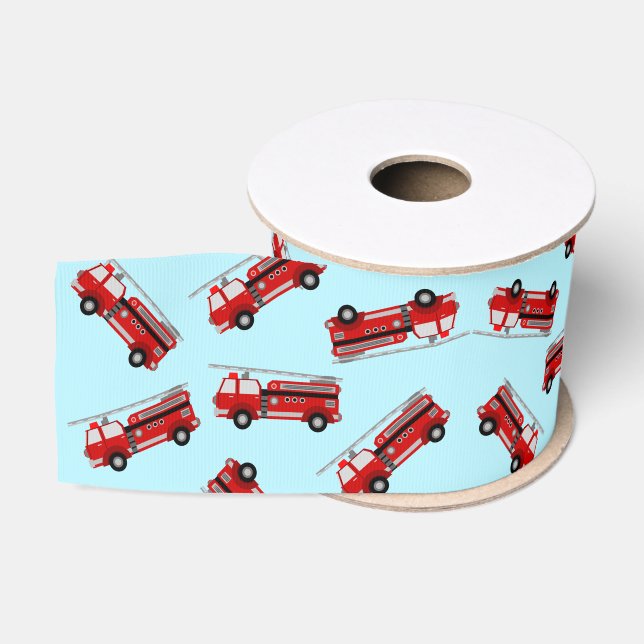 Cute Blue Red Fire truck Kids Birthday Grosgrain Ribbon (Spool)