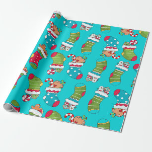Cute Blue Red Green Christmas Stocking Pattern Wrapping Paper
