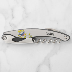 Cute Blue Red Singing Bird Branch Yellow Flowers Corkscrew