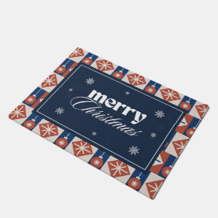 Cute Blue Red Snowflakes Merry Christmas Seasonal Doormat