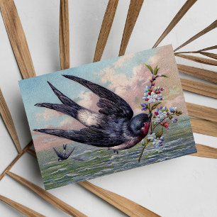 Cute Blue Red Swallow Bird And Pretty Flowers Postcard