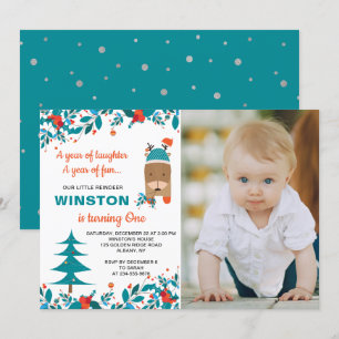 Cute Blue Reindeer Christmas Boy Birthday Photo Invitation