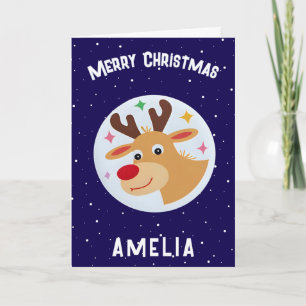 Cute Blue Reindeer Kid`s Name Merry Christmas Card