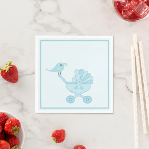 Cute Blue Retro Bird Baby Carriage Boy Baby Shower Napkin