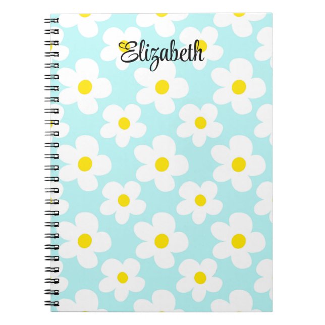 Cute blue retro daisies girly journalling notebook (Front)