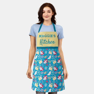 Cute Blue Retro Teacup Hearts Birds Pattern Womens Apron