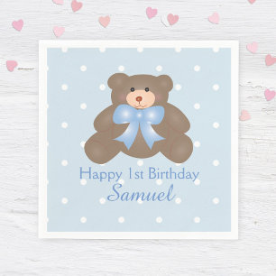 Cute Blue Ribbon Teddy Bear Boy Birthday Party Napkin