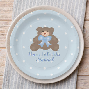 Cute Blue Ribbon Teddy Bear Boy Birthday Party Paper Plate