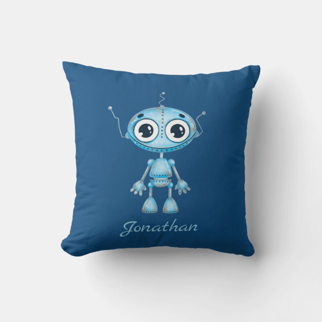 Cute Blue Robot Baby Boy Nursery Kid's Room Throw Pillow (Front)