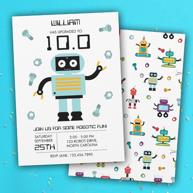 Cute Blue Robot Theme Kids Robots Birthday Party Invitation (Cute Blue Robot Theme Kids Robots Birthday Party Invitation)