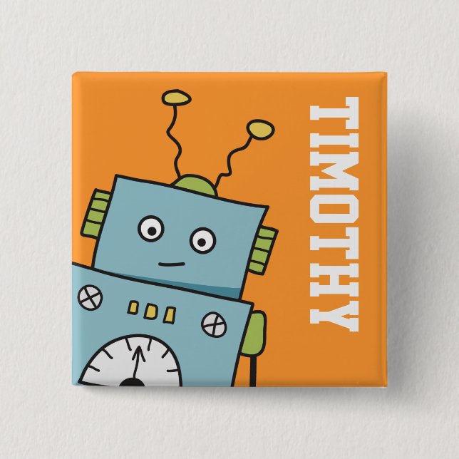 Cute Blue Robot with Personalized Name 2 Inch Square Button (Front)