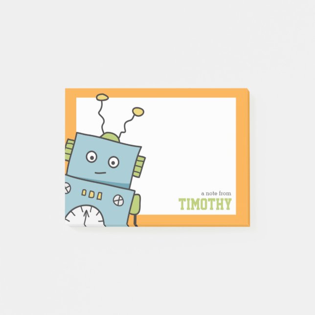Cute Blue Robot with Personalized Name Post-it Notes (Front)