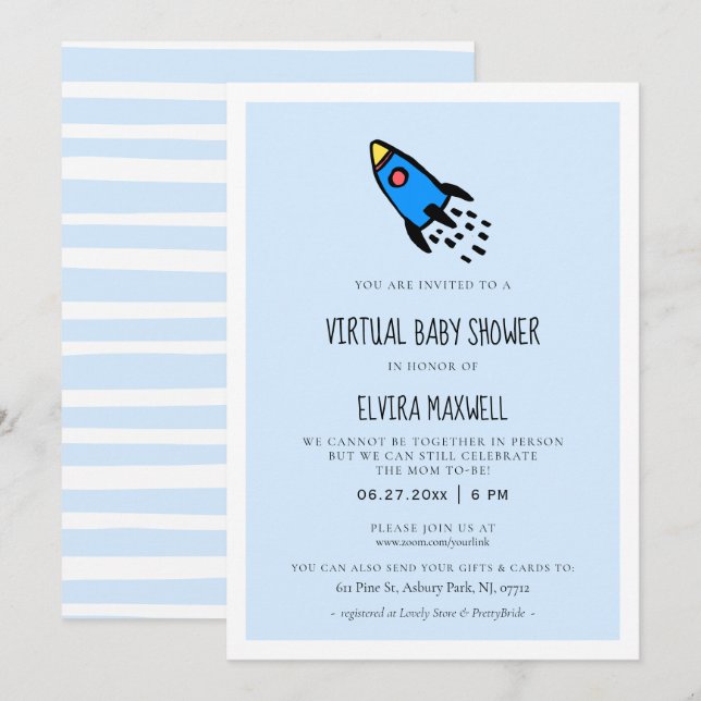 Cute blue rocket Boy Virtual Baby shower Invitation (Front/Back)
