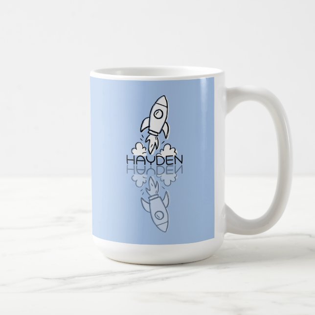 Cute Blue Rocket Reflection Doodle Custom Name  Coffee Mug (Right)
