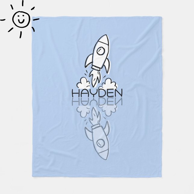 Cute Blue Rocket Reflection Doodle Custom Name  Fleece Blanket (Creator Uploaded)