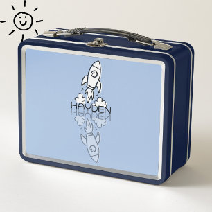 Cute Blue Rocket Reflection Doodle Custom Name  Metal Lunch Box