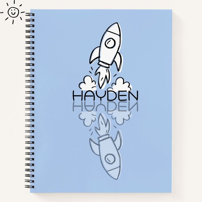 Cute Blue Rocket Reflection Doodle Custom Name  Notebook (Creator Uploaded)