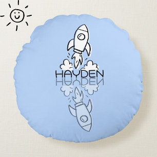 Cute Blue Rocket Reflection Doodle Custom Name  Round Pillow